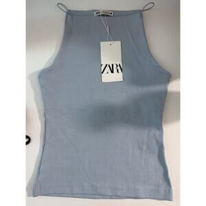 ZARA Halter Neck Light Blue Tank Top Women’s Size S Cotton Blend NWT